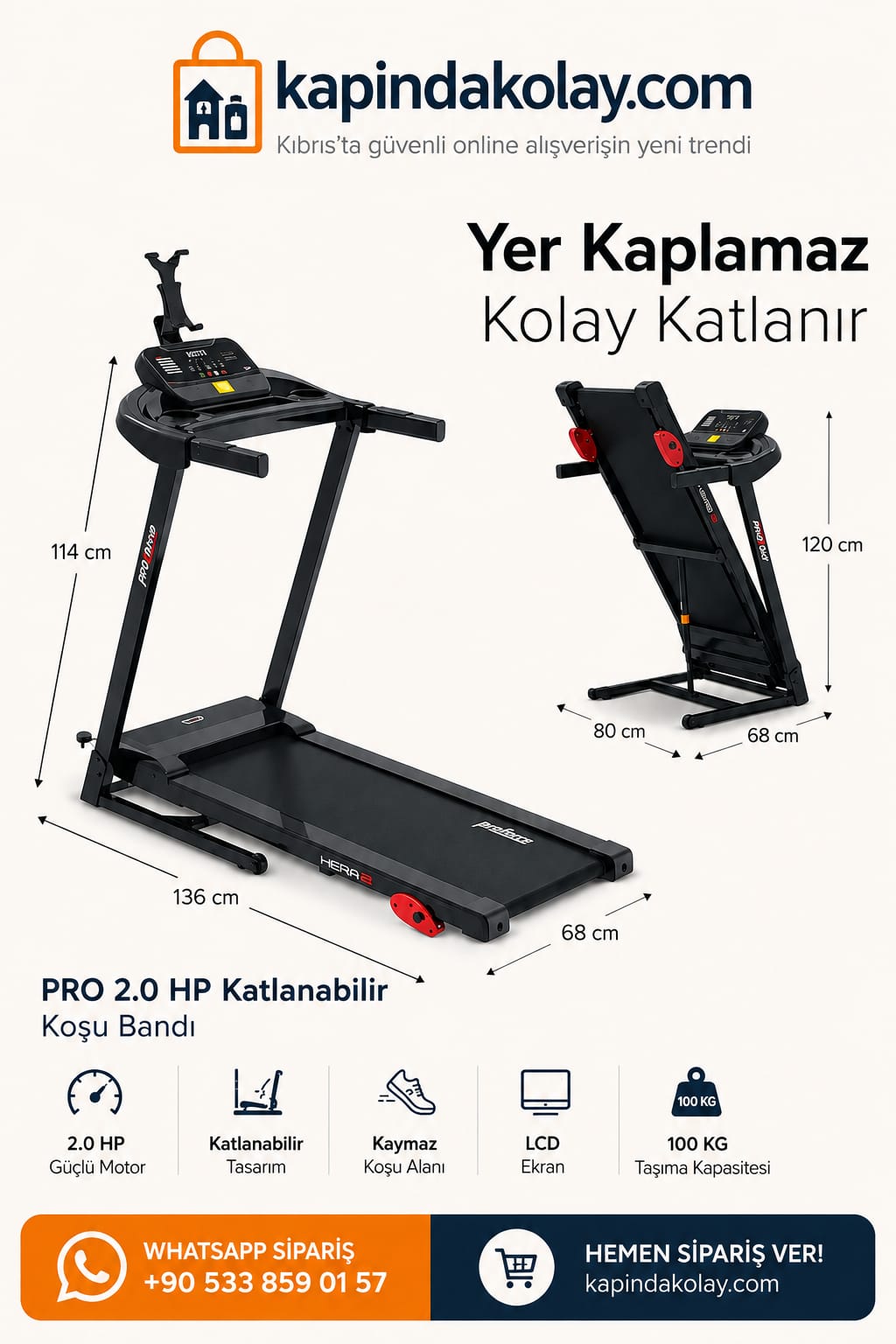 Hera Koşu Bandı Eğimli, Katlanabilir, 0-10km Hız, 2 Hp Motor